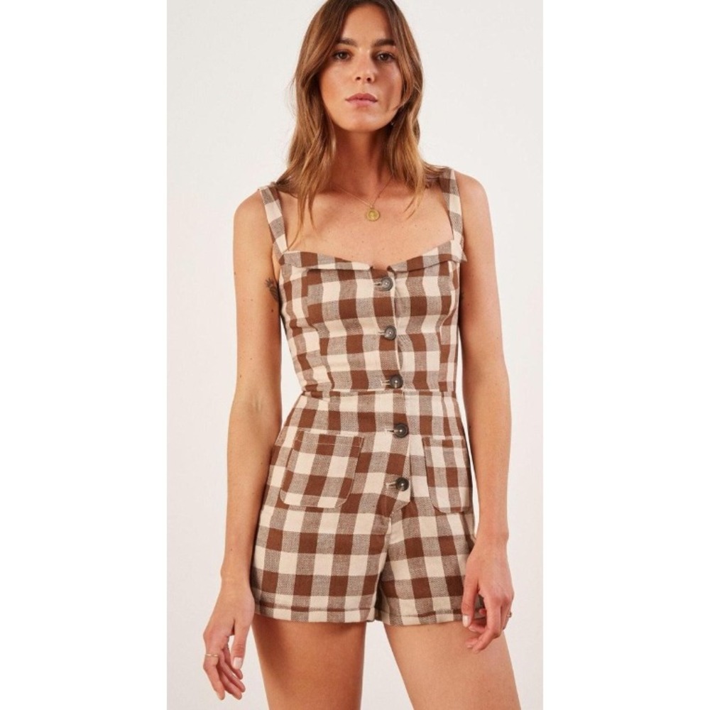 Reformation Brown & Cream Gingham Button Romper